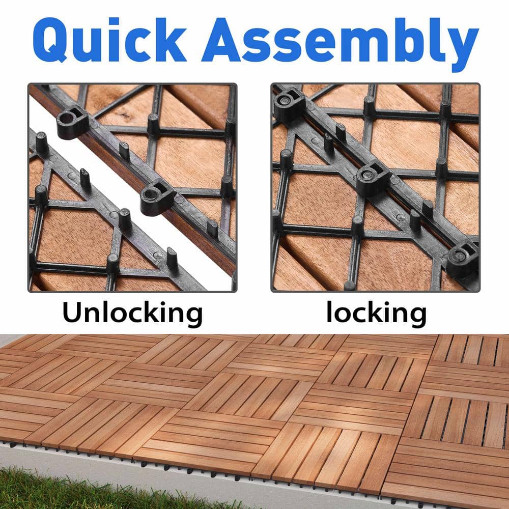 prilinex Solid Acacia Wood Interlocking Patio Deck Tiles for Indoor & Outdoor, 12'' x 12'' x 1'' - 27pcs