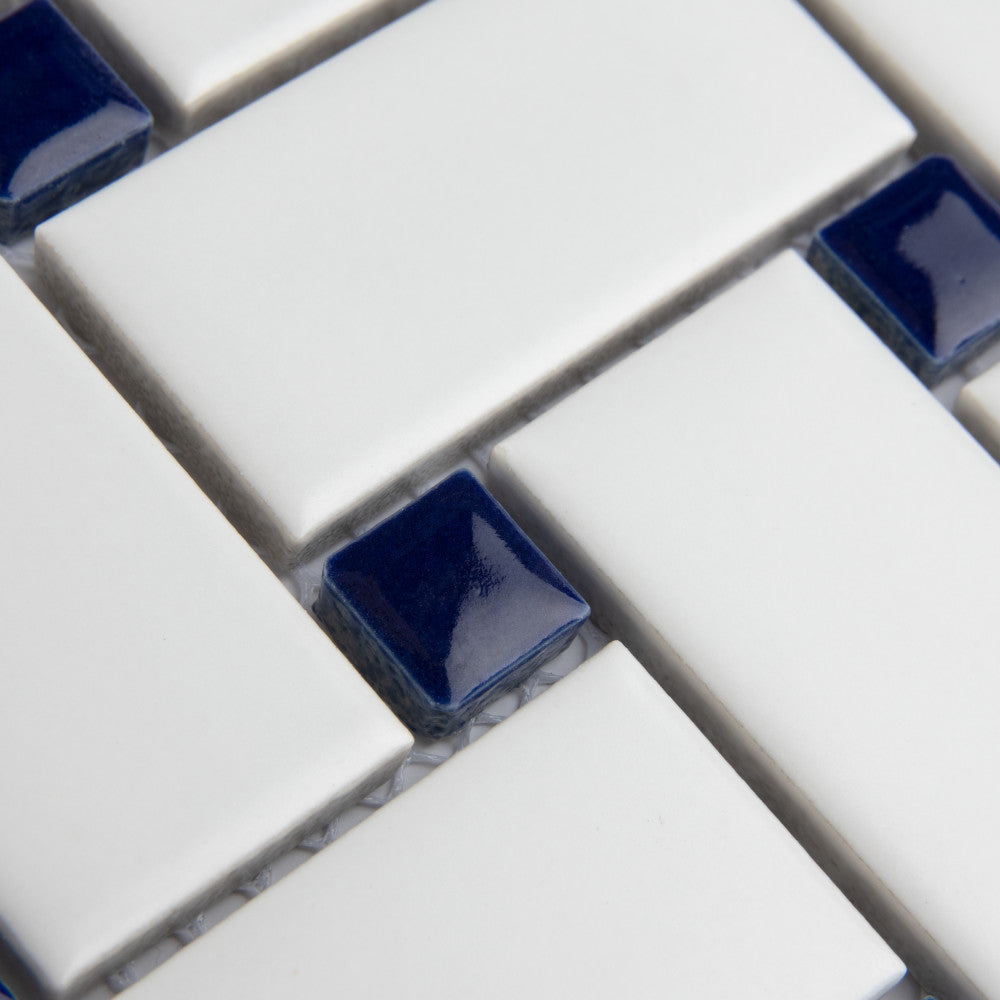 Merola Tile Metro Basketweave Matte White with Cobalt Dot 11-3/4 in. x 11-3/4 in. Porcelain Mosaic Tile (19.58 sq. ft./Case)