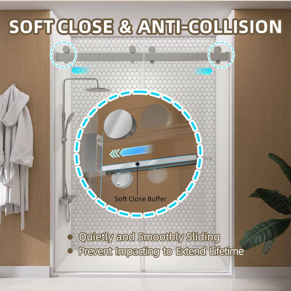 NTQ 60 in. W x 79 in. H Soft Close Double Sliding Bypass Frameless Glass Shower Door in Brushed Nickel 3/8 in. Clear Glass