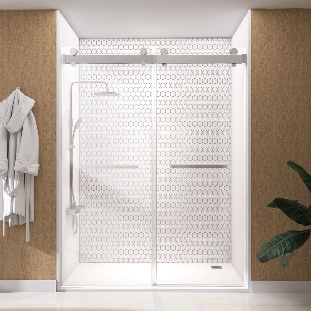 NTQ 60 in. W x 79 in. H Soft Close Double Sliding Bypass Frameless Glass Shower Door in Brushed Nickel 3/8 in. Clear Glass
