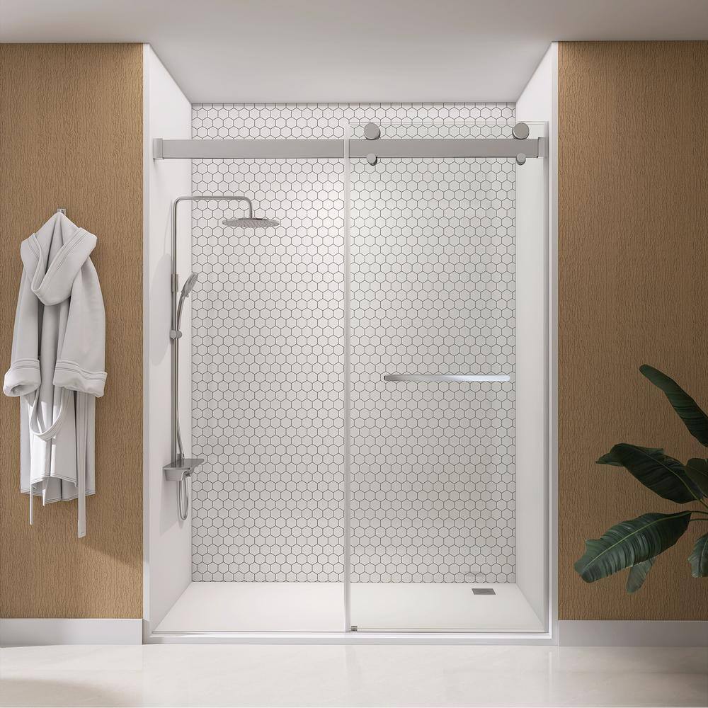 NTQ 60 in. W x 79 in. H Soft Close Double Sliding Bypass Frameless Glass Shower Door in Brushed Nickel 3/8 in. Clear Glass