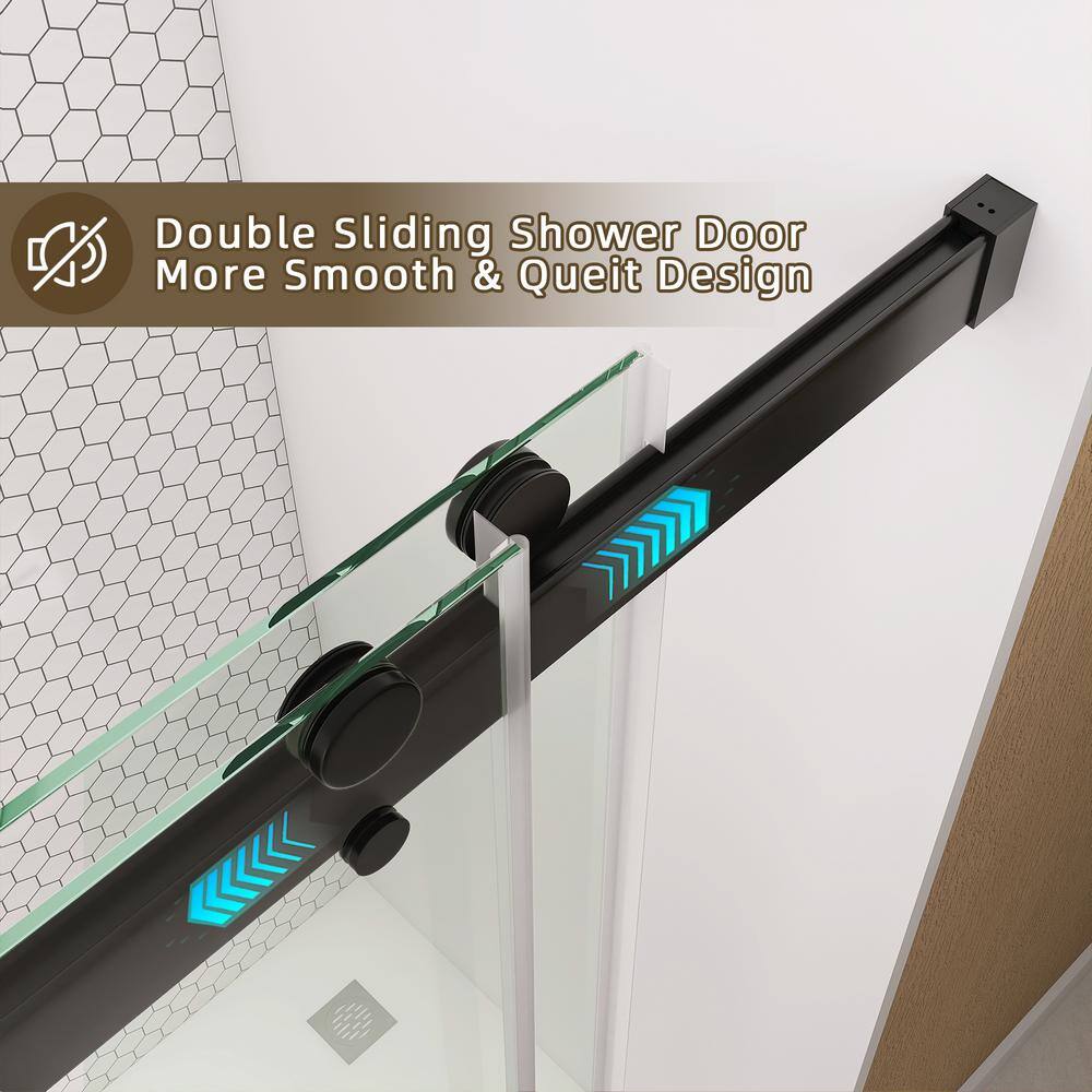 NTQ 60 in. W x 79 in. H Soft-Close Frameless Double Sliding Alcove Glass Shower Door in Matte Black 3/8 in. Tempered Glass