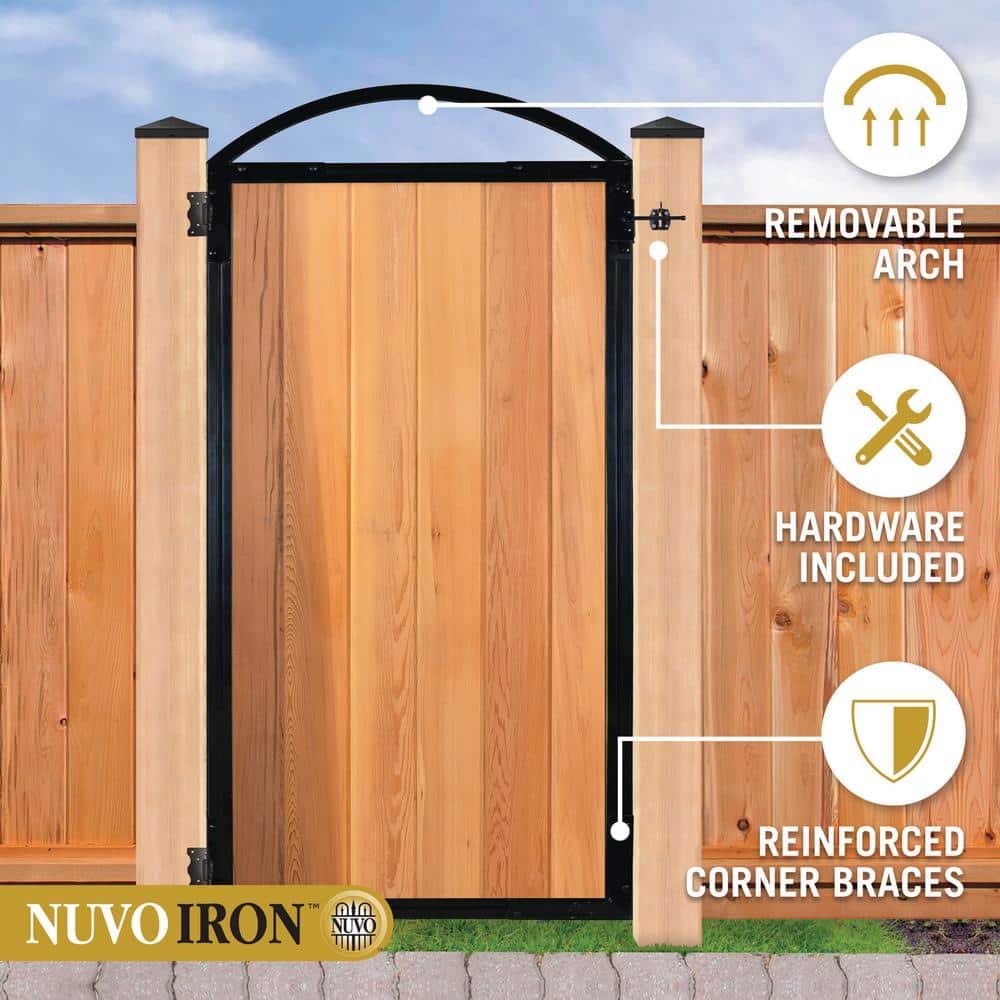 NUVO IRON EZ Install 8-Standard Fence Board Arched Pro Gate Frame with One 15 in. Dia Round Gate Insert