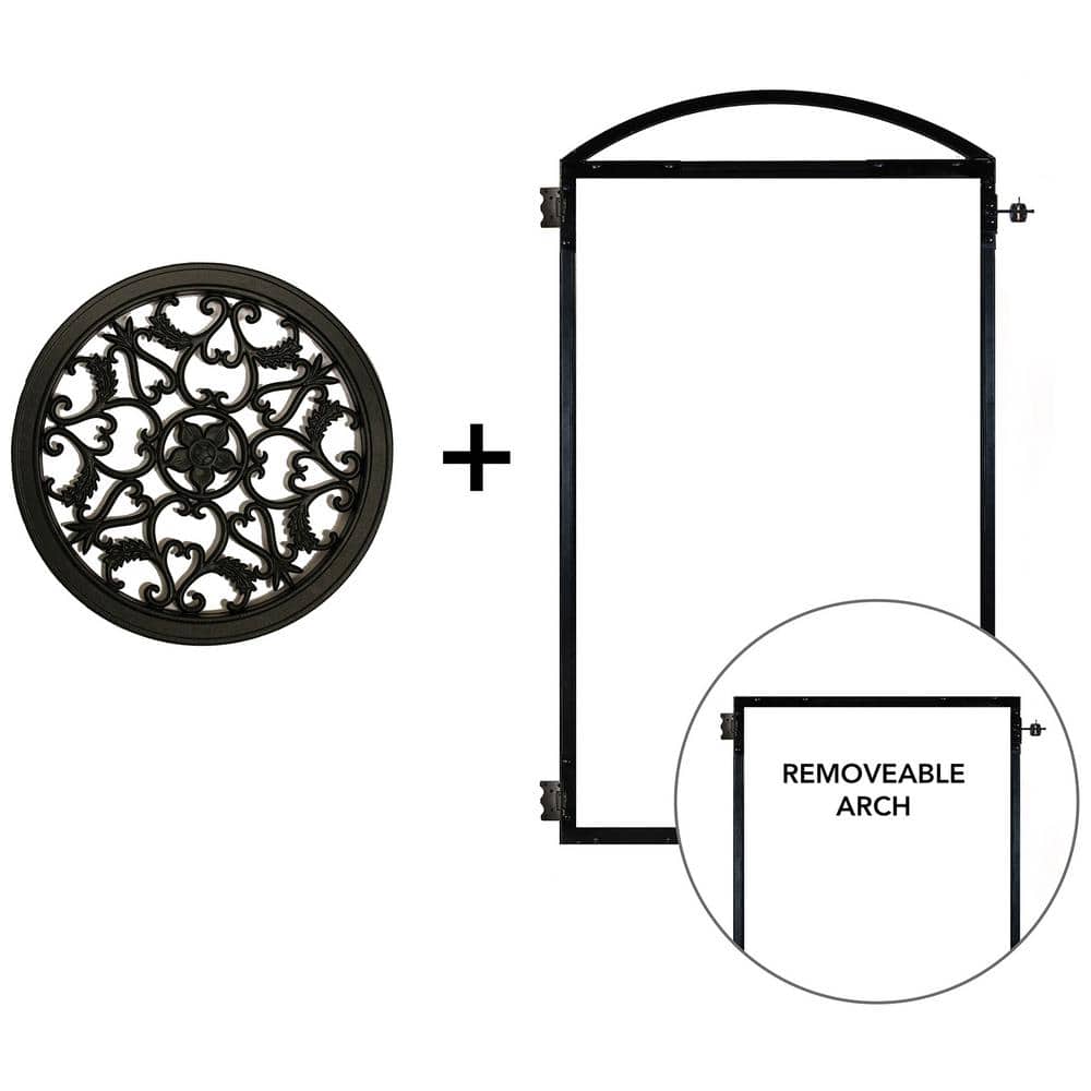 NUVO IRON EZ Install 8-Standard Fence Board Arched Pro Gate Frame with One 15 in. Dia Round Gate Insert