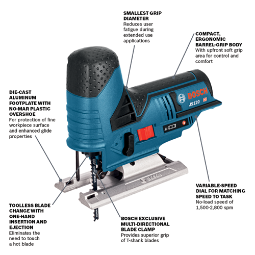 Bosch 12V Max Variable-Speed Barrel-Grip Jigsaw, Keyless T‑Shank, Bare Tool (JS120N)