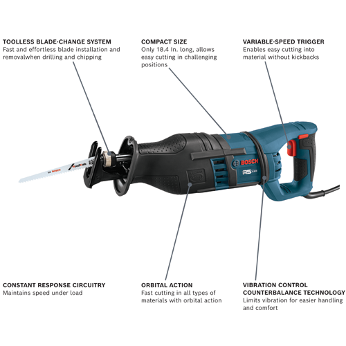 Bosch RS428 1-1/8 in. Variable Speed Corded Reciprocating Saw with Vibration Control, 14 Amp