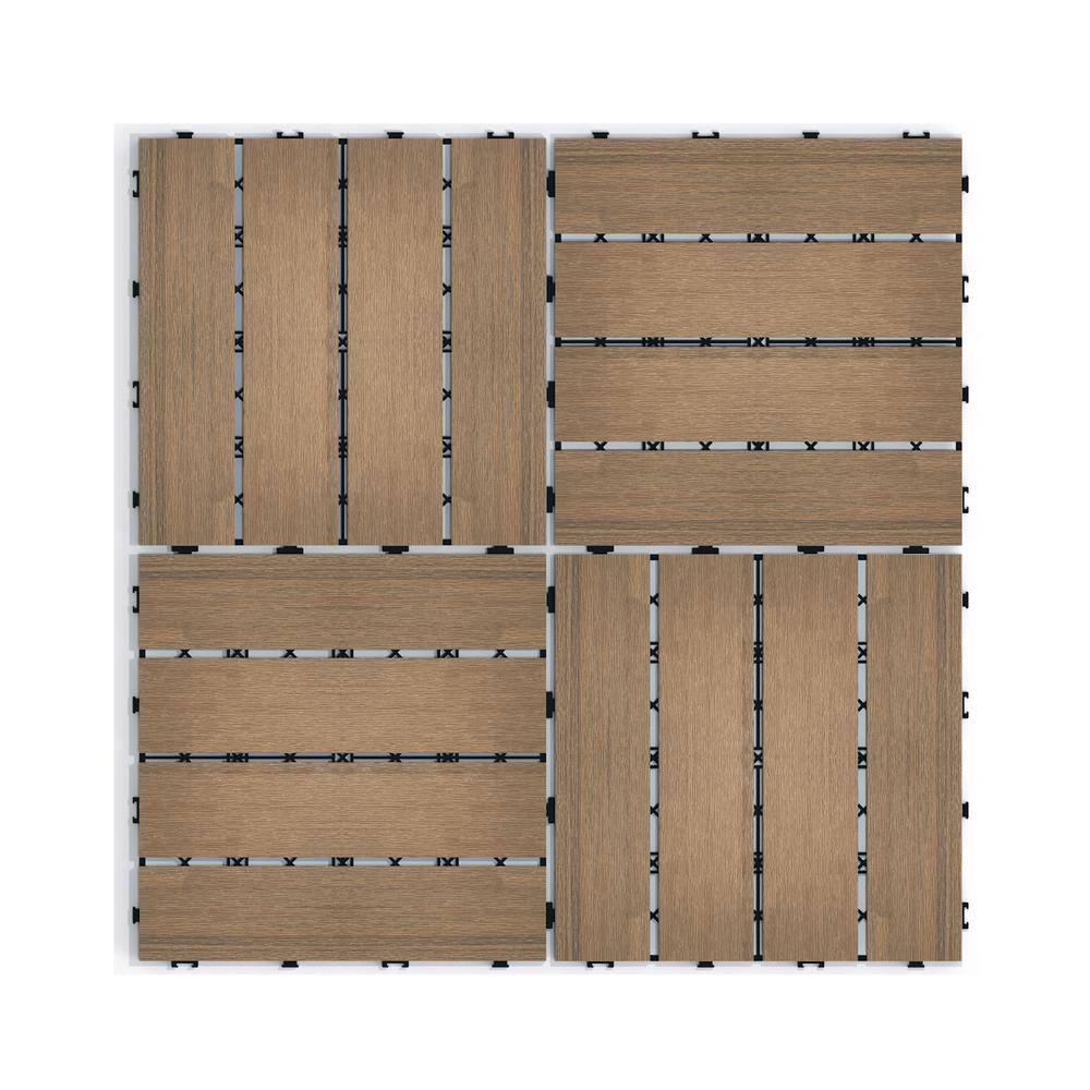 YOFE 1 ft. x 1 ft. DIY Outdoor Composite Wood-Plastic Interlocking Deck Tiles, Garage Floor Tiles in Oak Brown(11 Per Case)