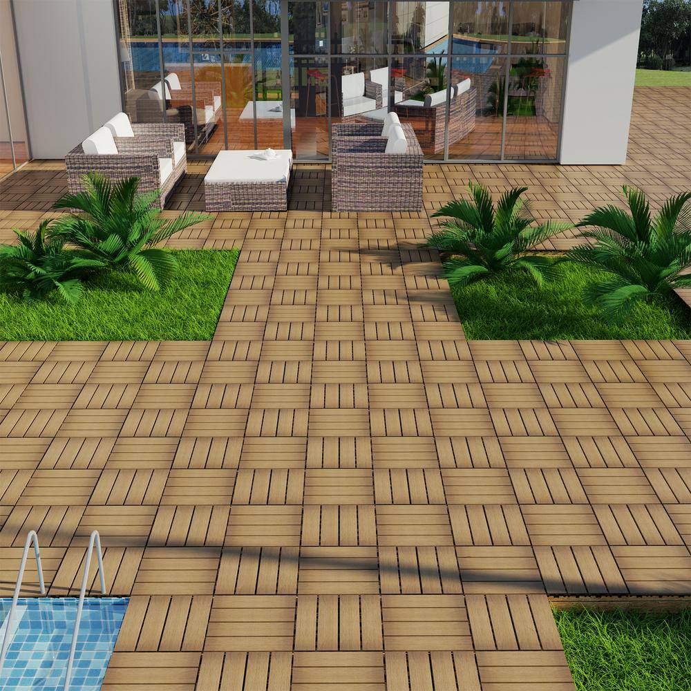 YOFE 1 ft. x 1 ft. DIY Outdoor Composite Wood-Plastic Interlocking Deck Tiles, Garage Floor Tiles in Oak Brown(11 Per Case)