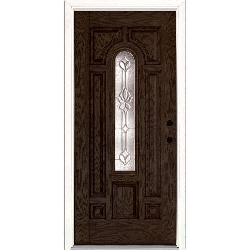 37.5 in. x 81.625 in. Medina Zinc Center Arch Lite Stained Walnut Oak Left-Hand Inswing Fiberglass Prehung Front Door