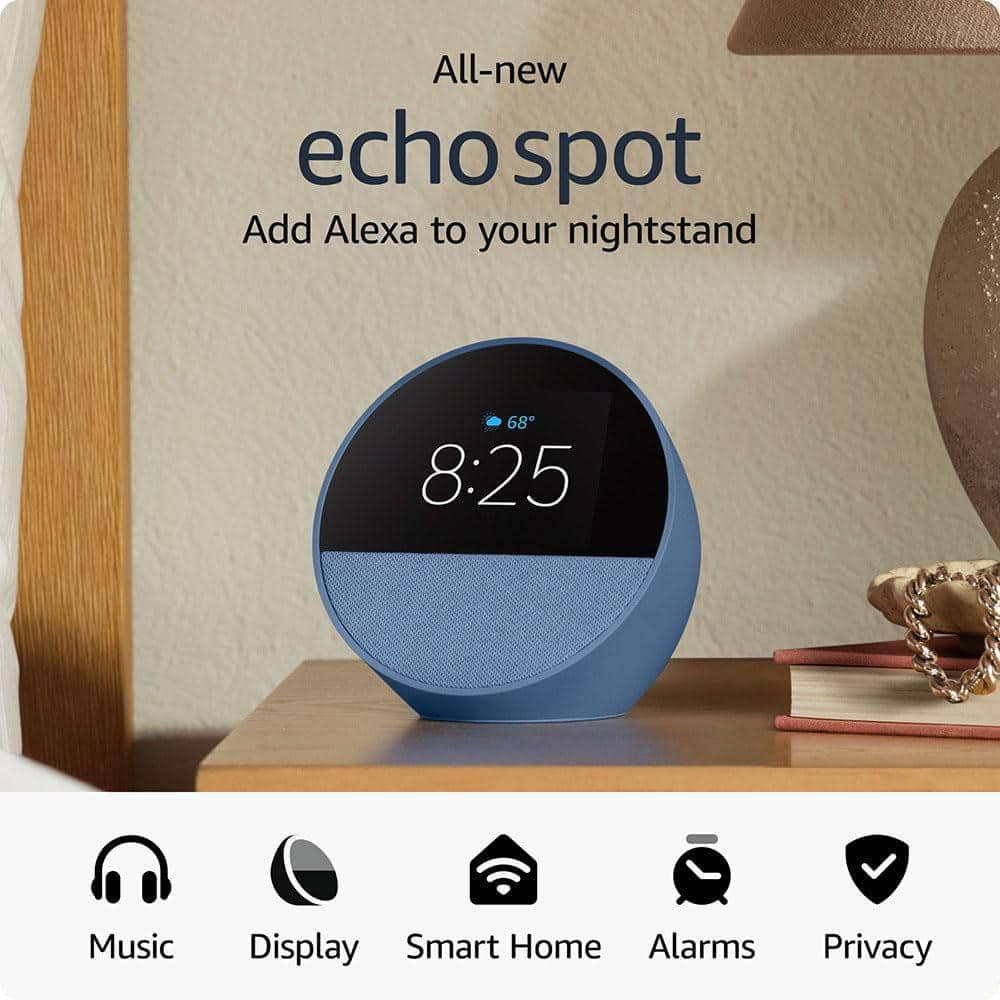 Amazon Echo Spot (2024 Release) Smart Alarm Clock with Vibrant Sound Plus Alexa, Ocean Blue