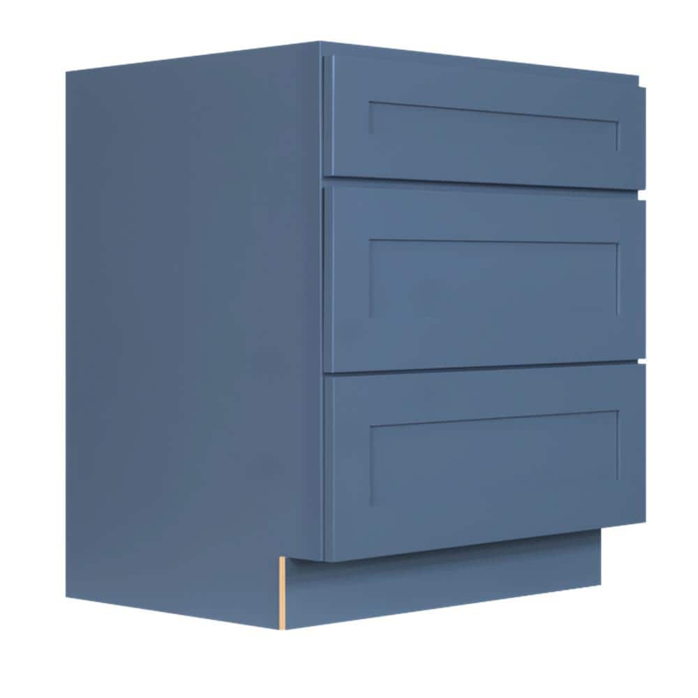 LIFEART CABINETRY Lancaster Blue Plywood Shaker Stock Assembled 3-Drawer Base Kitchen Cabinet 24 in. W x 34.5 in. D H x 24 in. D