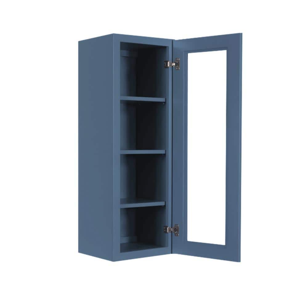 LIFEART CABINETRY Lancaster Blue Plywood Shaker Stock Assembled Wall Glass-Door Kitchen Cabinet 18 in. W x 12 in. D x 42 in. H