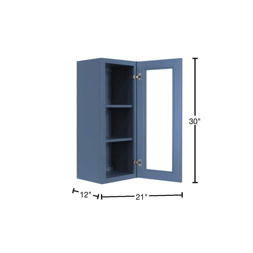 LIFEART CABINETRY Lancaster Blue Plywood Shaker Stock Assembled Wall Glass-Door Kitchen Cabinet 21 in. W x 12 in. D x 30 in. H