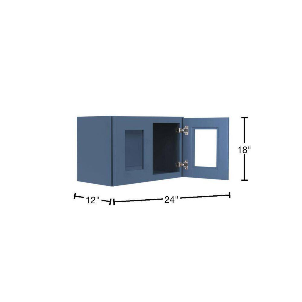 LIFEART CABINETRY Lancaster Blue Plywood Shaker Stock Assembled Wall Glass-Door Kitchen Cabinet 24 in. W x 12 in. D x 18 in. H