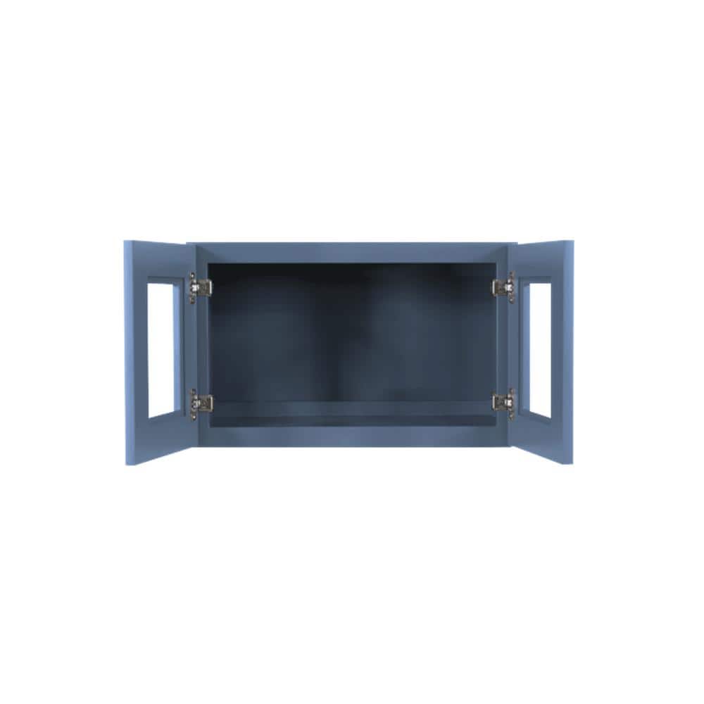 LIFEART CABINETRY Lancaster Blue Plywood Shaker Stock Assembled Wall Glass-Door Kitchen Cabinet 24 in. W x 12 in. D x 18 in. H