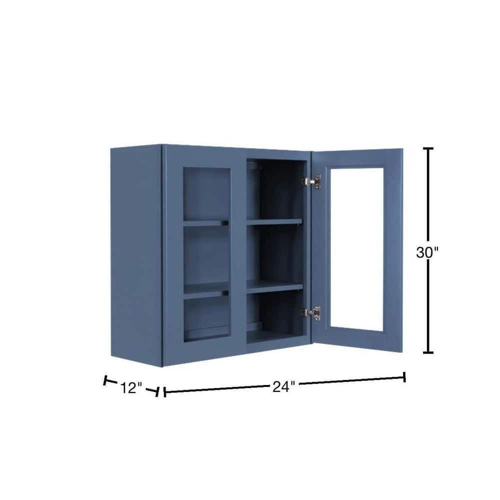 LIFEART CABINETRY Lancaster Blue Plywood Shaker Stock Assembled Wall Glass-Door Kitchen Cabinet 24 in. W x 12 in. D x 30 in. H