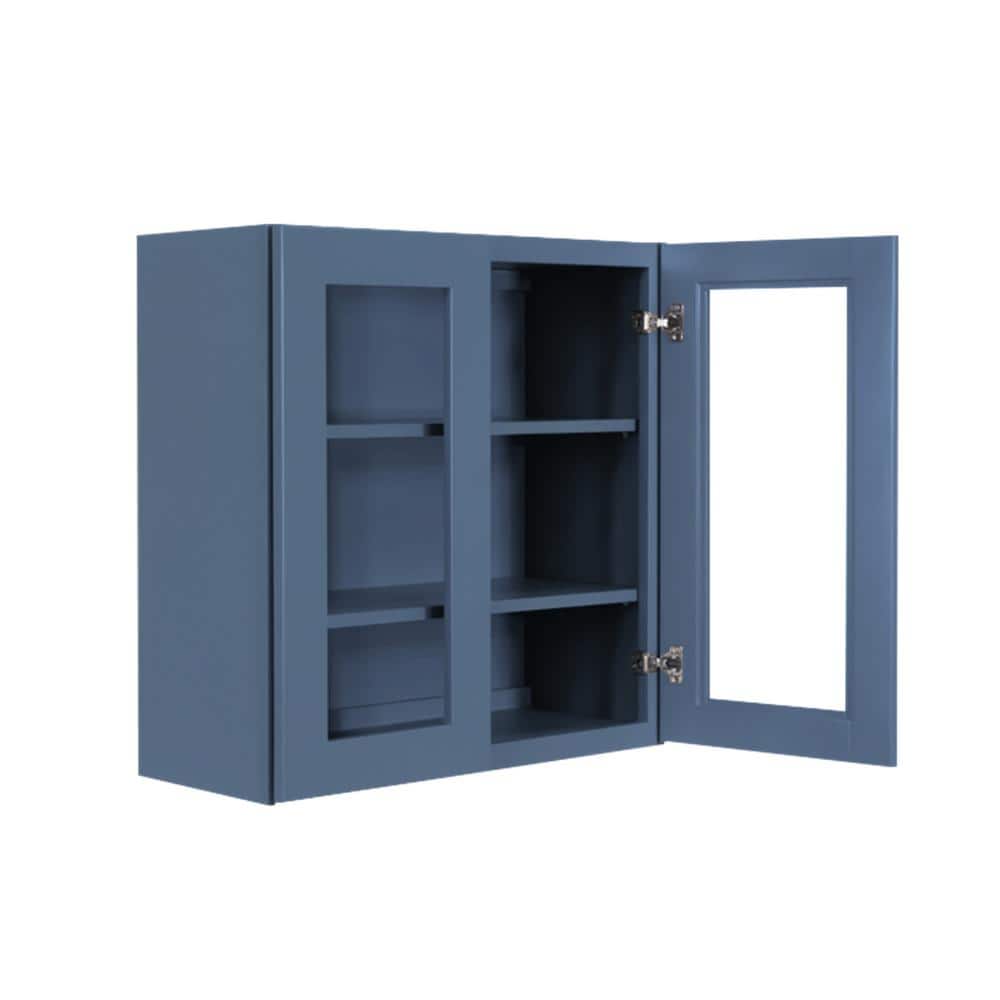 LIFEART CABINETRY Lancaster Blue Plywood Shaker Stock Assembled Wall Glass-Door Kitchen Cabinet 24 in. W x 12 in. D x 30 in. H
