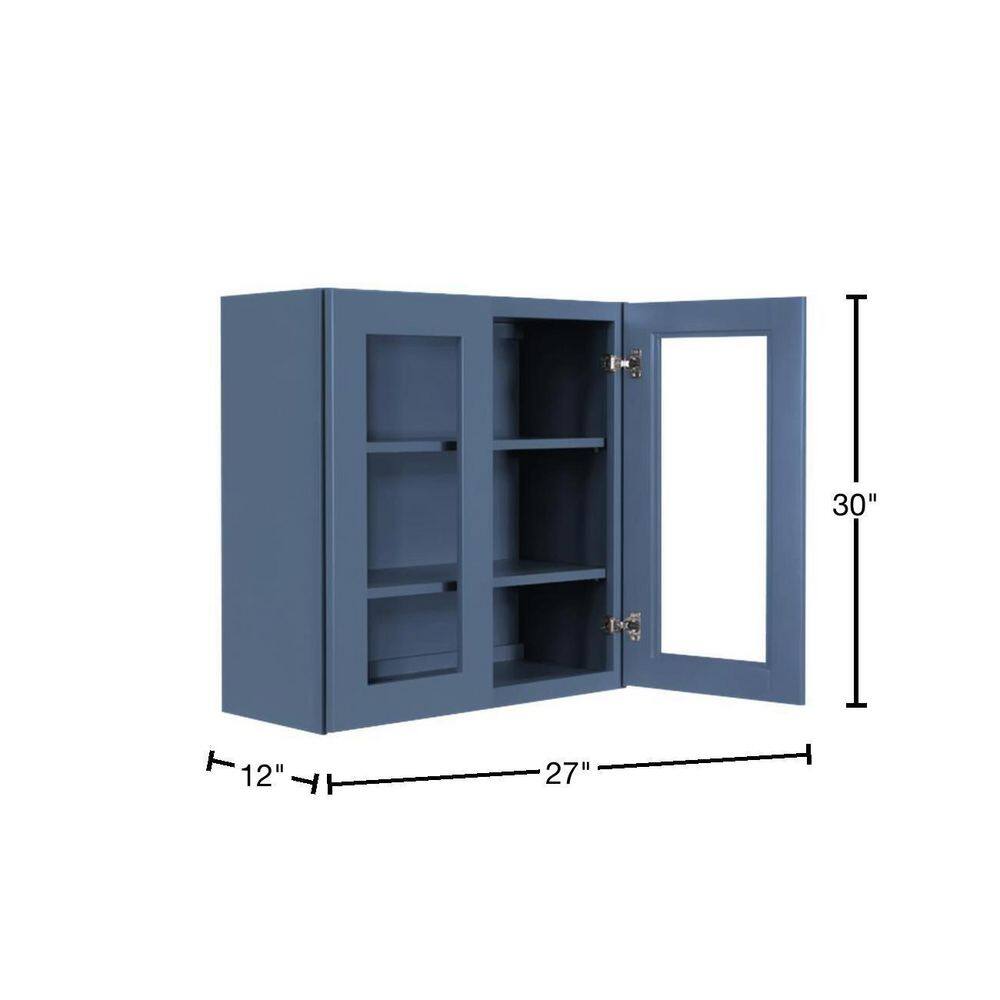 LIFEART CABINETRY Lancaster Blue Plywood Shaker Stock Assembled Wall Glass-Door Kitchen Cabinet 27 in. W x 12 in. D x 30 in. H