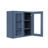 LIFEART CABINETRY Lancaster Blue Plywood Shaker Stock Assembled Wall Glass-Door Kitchen Cabinet 27 in. W x 12 in. D x 30 in. H