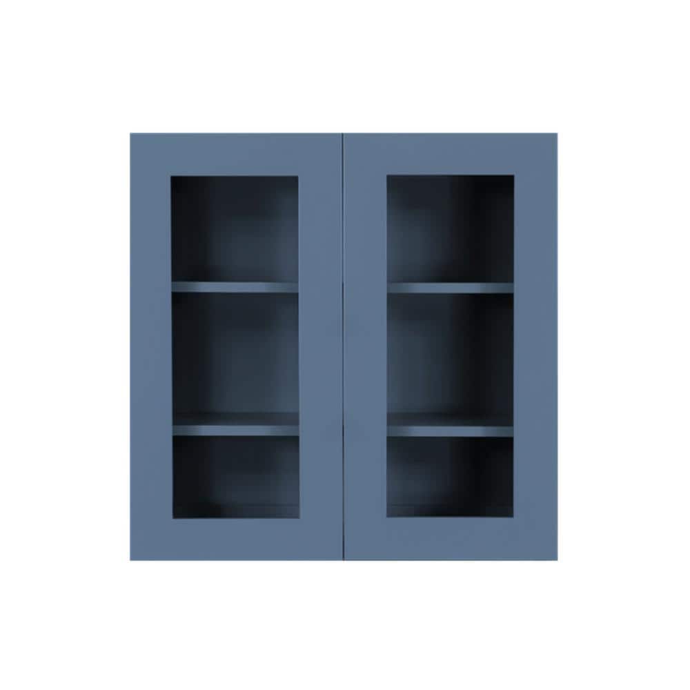 LIFEART CABINETRY Lancaster Blue Plywood Shaker Stock Assembled Wall Glass-Door Kitchen Cabinet 27 in. W x 12 in. D x 30 in. H
