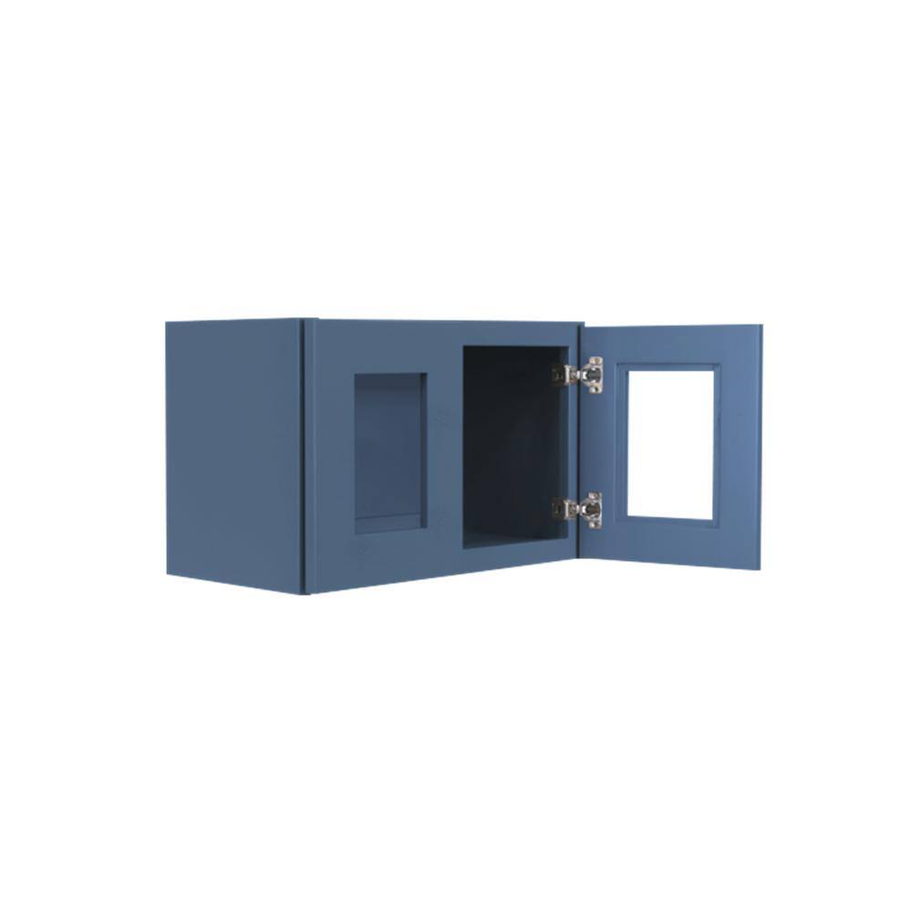 LIFEART CABINETRY Lancaster Blue Plywood Shaker Stock Assembled Wall Glass-Door Kitchen Cabinet 30 in. W x 12 in. D x 18 in. H