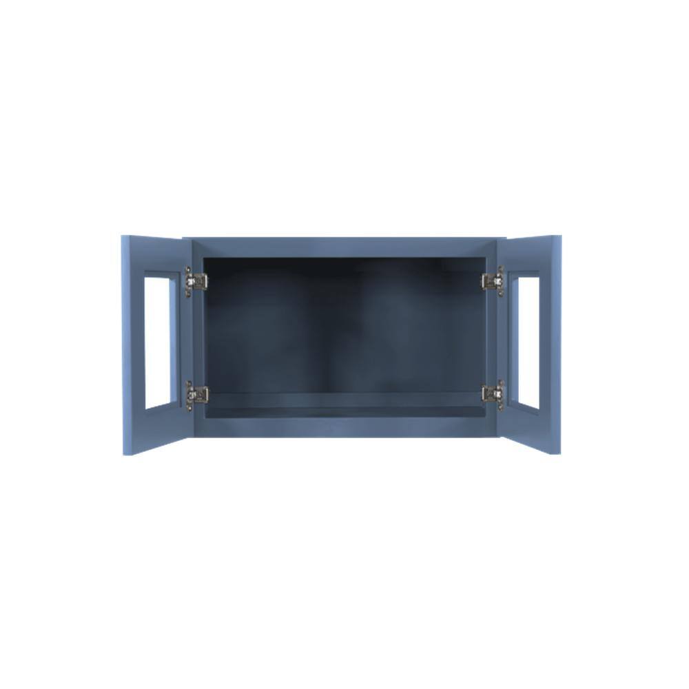 LIFEART CABINETRY Lancaster Blue Plywood Shaker Stock Assembled Wall Glass-Door Kitchen Cabinet 30 in. W x 12 in. D x 18 in. H