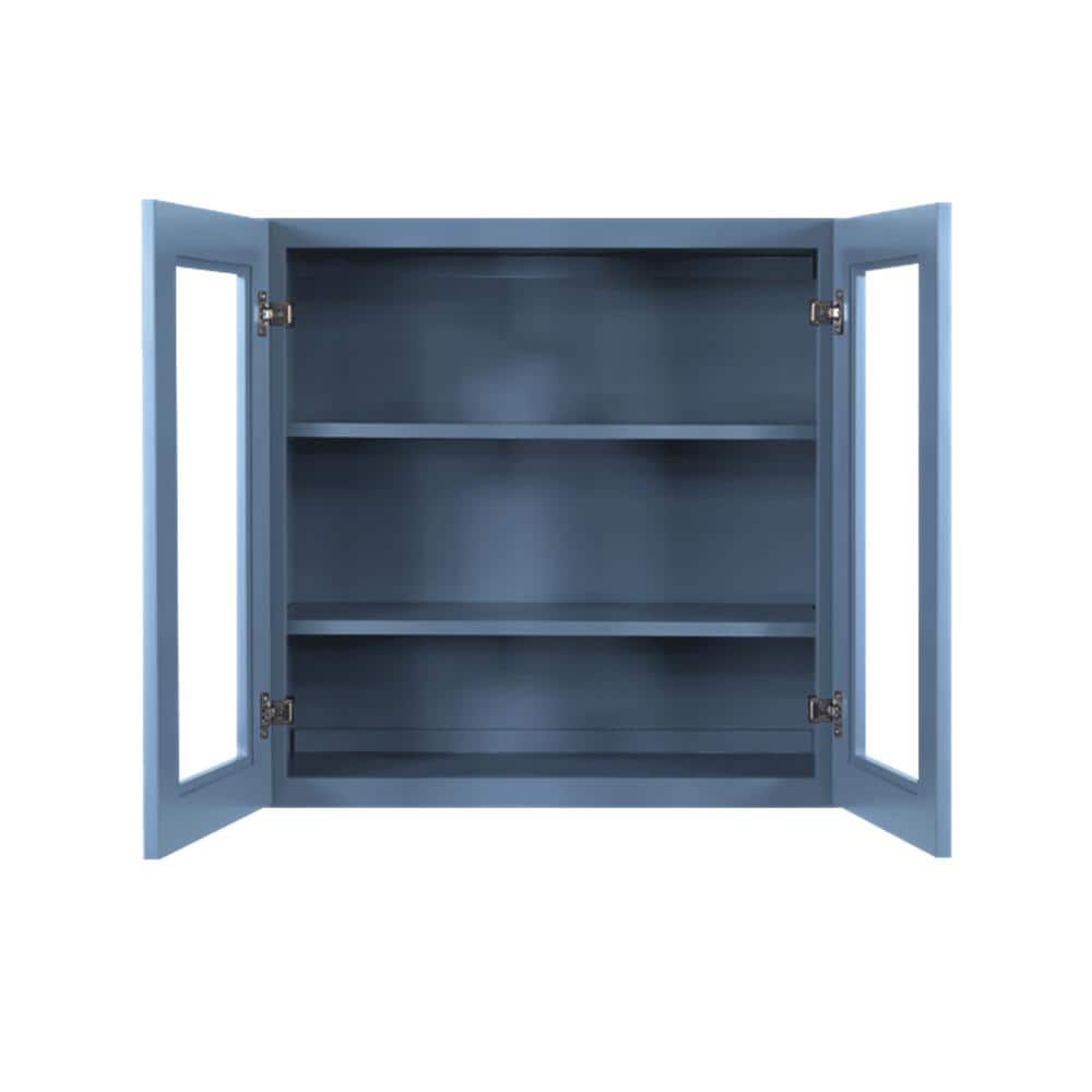 LIFEART CABINETRY Lancaster Blue Plywood Shaker Stock Assembled Wall Glass-Door Kitchen Cabinet 33 in. W x 12 in. D x 30 in. H