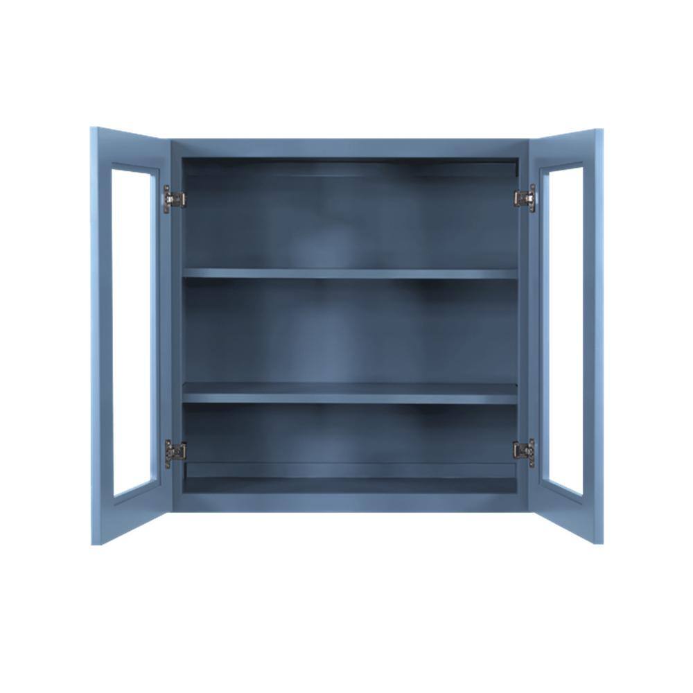 LIFEART CABINETRY Lancaster Blue Plywood Shaker Stock Assembled Wall Glass-Door Kitchen Cabinet 33 in. W x 12 in. D x 36 in. H