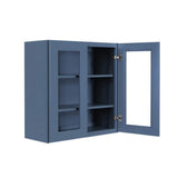 LIFEART CABINETRY Lancaster Blue Plywood Shaker Stock Assembled Wall Glass-Door Kitchen Cabinet 36 in. W x 12 in. D x 30 in. H