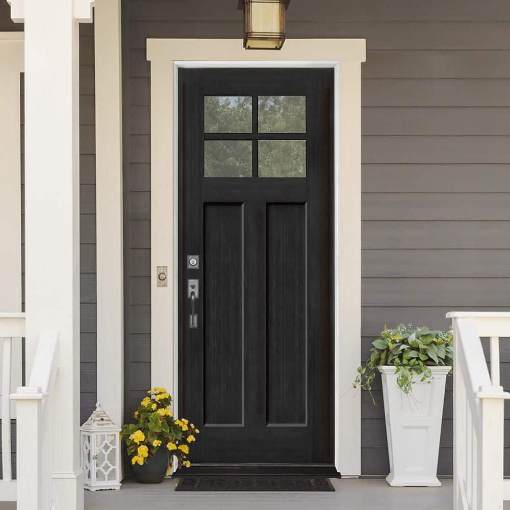 Steves & Sons Regency 36 in. x 80 in. 4 Lite 1/4 Toplite LHIS Clear Glass Onyx Stained Fir Grain Fiberglass Prehung Front Door