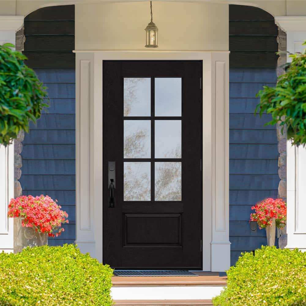 Steves & Sons Regency 36 in. x 80 in. 3/4-6 Lite Clear Glass LHOS Onyx Stain Mahogany Fiberglass Prehung Front Door