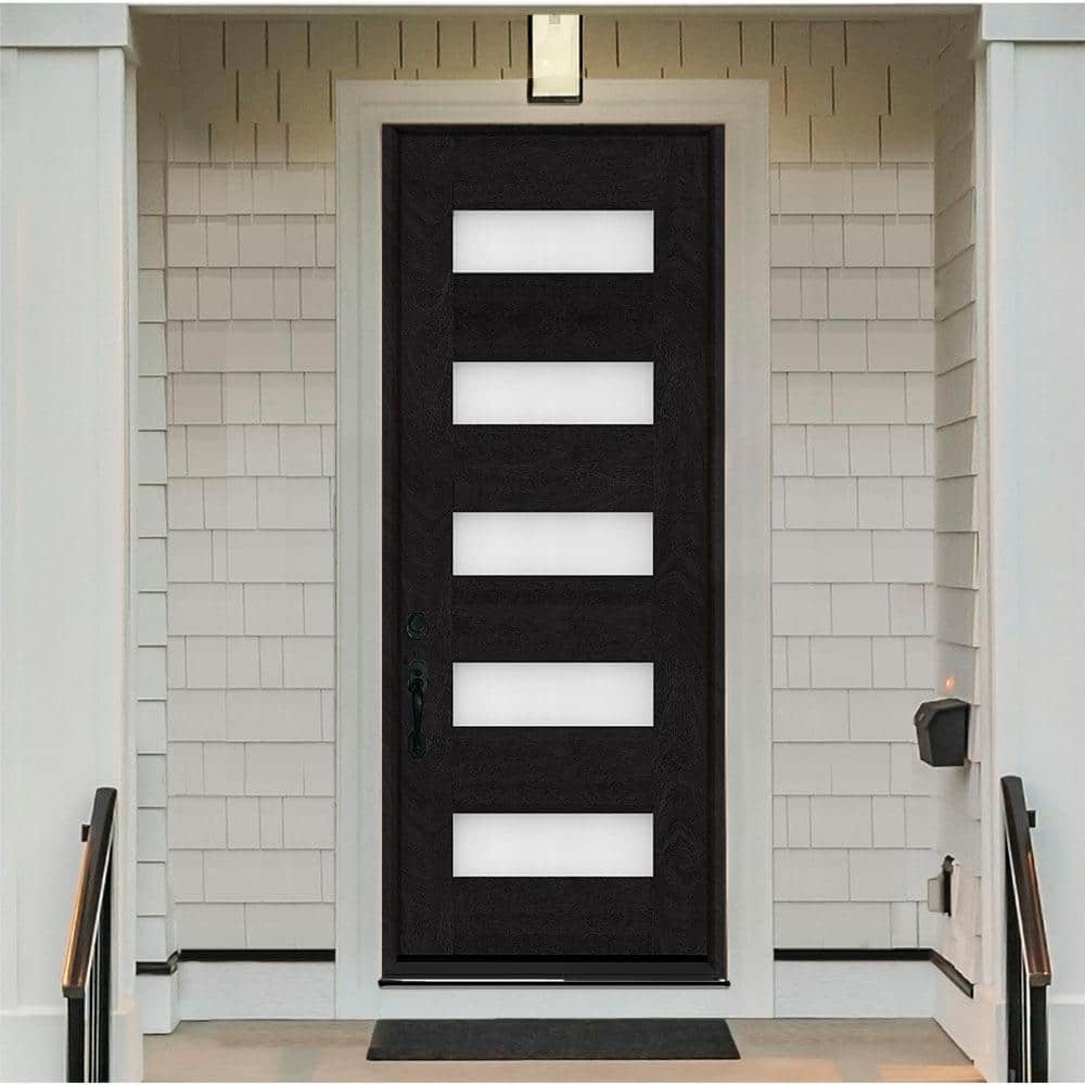 Steves & Sons Regency 36 in. x 96 in. 5L Modern Frosted Glass RHIS Onyx Stained Fiberglass Prehung Front Door
