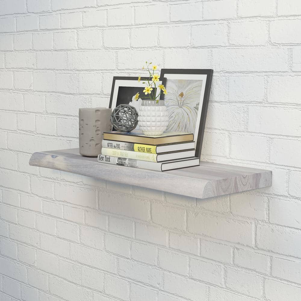 Interbuild Solid 2.9 ft. L x 10 in. D x 1.5 in. T, Acacia Butcher Block Countertop Floating Wall Shelf Organic White with Live Edge