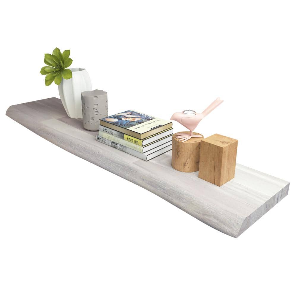 Interbuild Solid 3.9 ft. L x 10 in. D x 1.5 in. T, Acacia Butcher Block Countertop Floating Wall Shelf Organic White with Live Edge