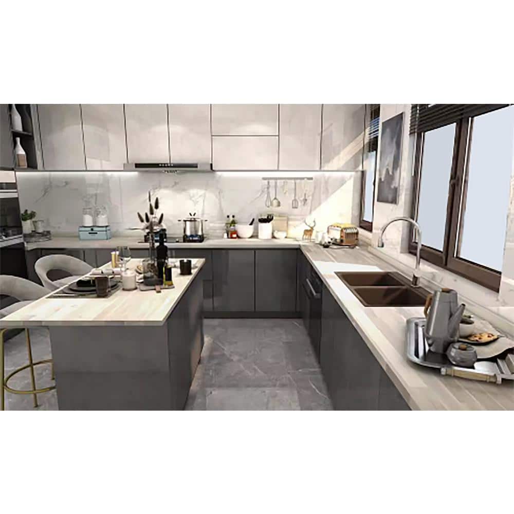 Interbuild 6.2 ft. L x 36 in. D, Acacia Butcher Block Island Countertop, Finished in Organic White with Square Edge