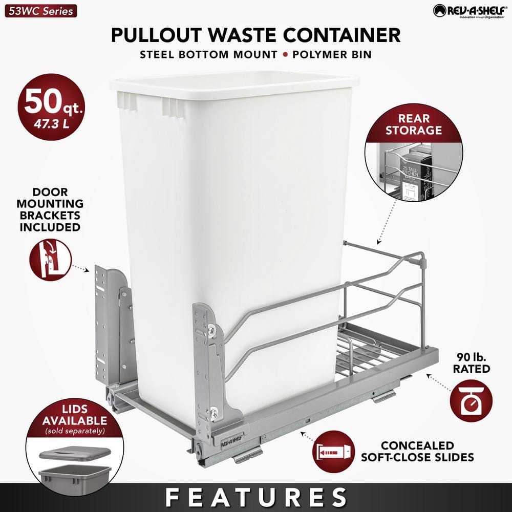 Rev-A-Shelf 50-Quart Plastic Pull-Out Trash Can, Orion Gray, Soft-Close, 11.01 in W x 22.25 in D x 22.88 in H