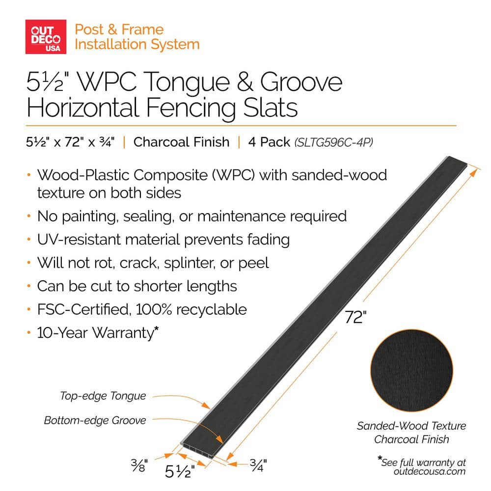 OUTDECO 5.5 in. x 72 in. x.75 in. Wood Plastic Composite Fence Board, Tongue and Groove, Sanded Finish - Charcoal (4-Pack)