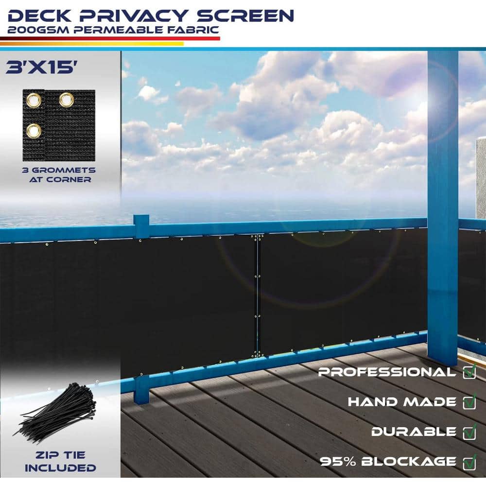 3 ft. x 15 ft. Deck Balcony Privacy Screen for Deck Pool Fence Railings Apartment Balcony Privacy Screen, Black