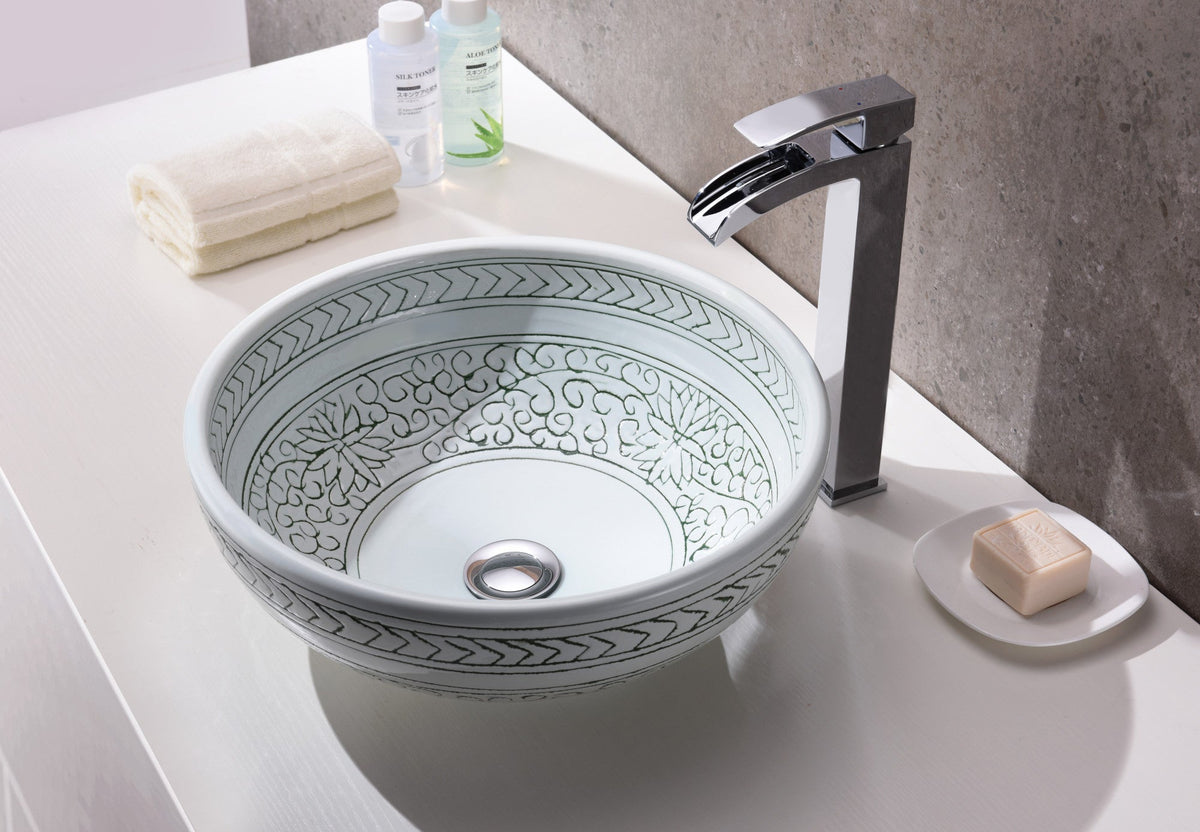 ANZZI Cadence Series 16.1 in. Round Bathroom Vessel Sink, Décor White, Tempered Deco-Glass
