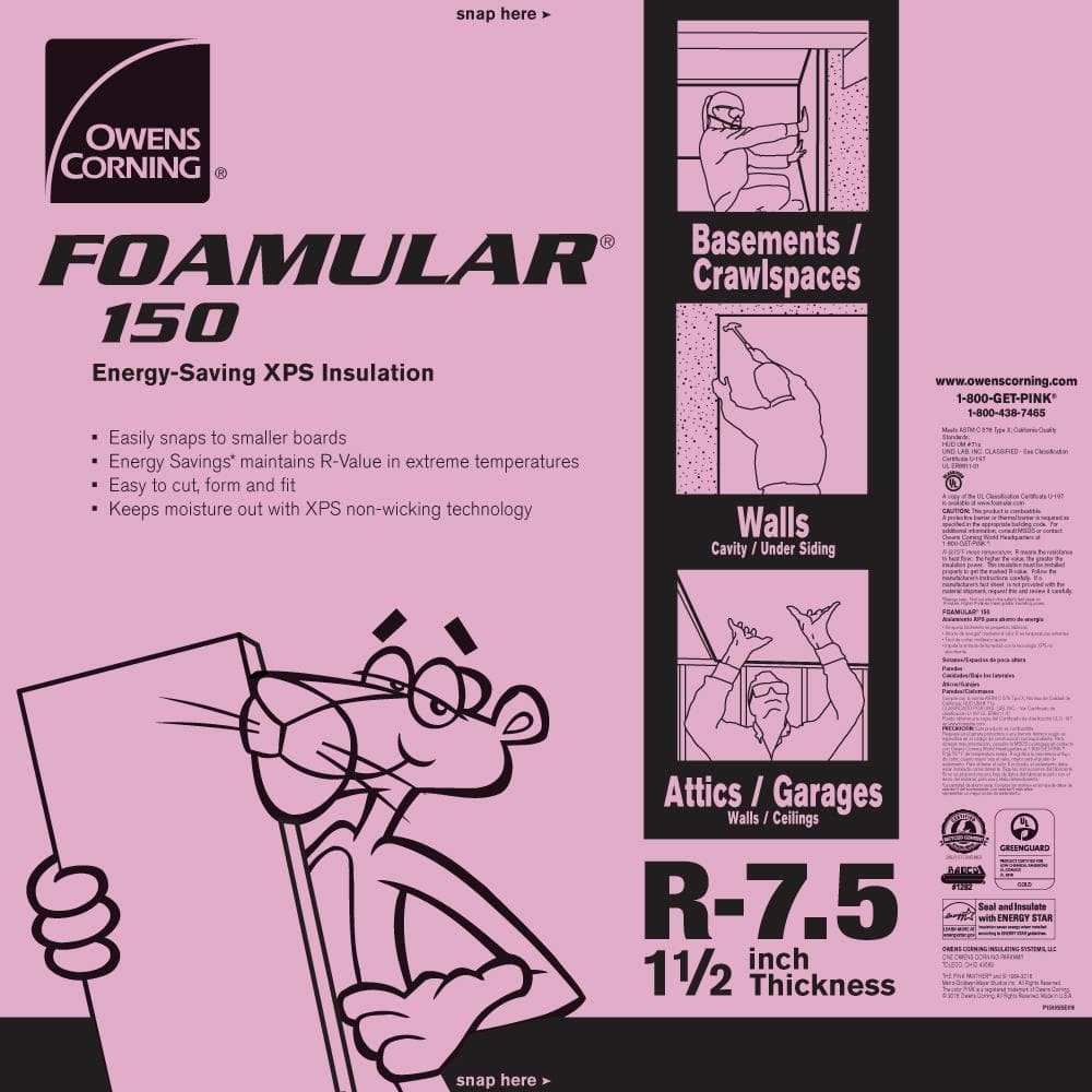 Owens Corning® FOAMULAR® 150 XPS Foam Board Insulation, R-7.5, 1-1/2 in x 4 ft x 8 ft, Scored Square Edge (15 PSI)