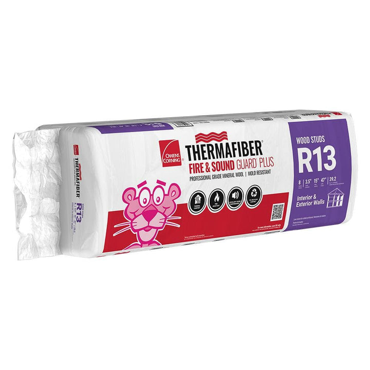 Owens Corning R-13 Thermafiber Fire and Sound Guard Plus Mineral Wool Insulation Batts, 3.5" x 15" x 47" (8 Pieces)