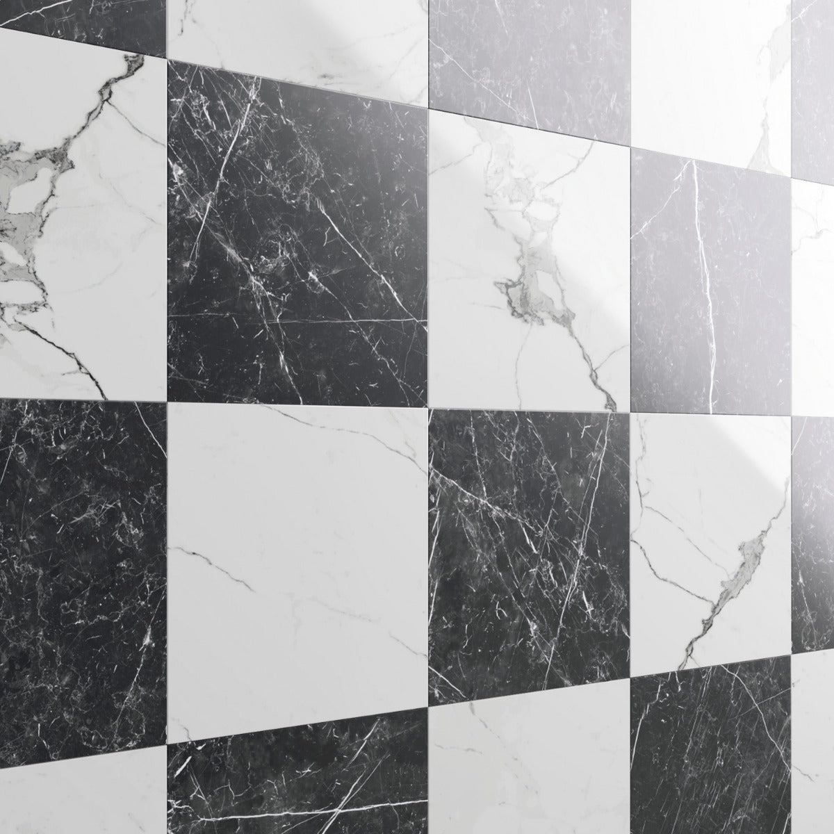 Fortunato Calacatta and Nero Marquina 12x12 Polished Porcelain Checkerboard Tile