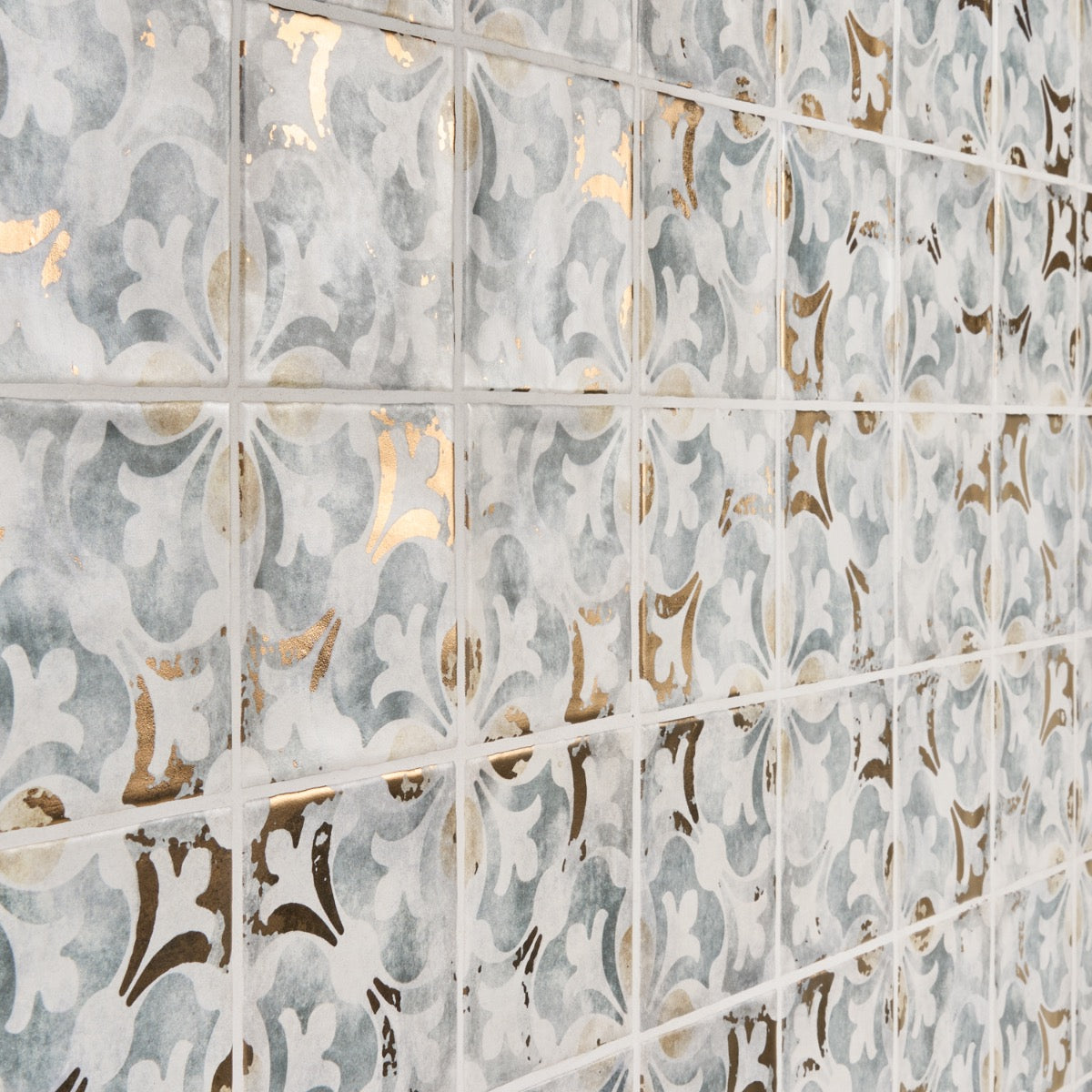 Talia Bossa Blue Gray Ceramic Tile with Gold Accents, 5x5 Matte Finish