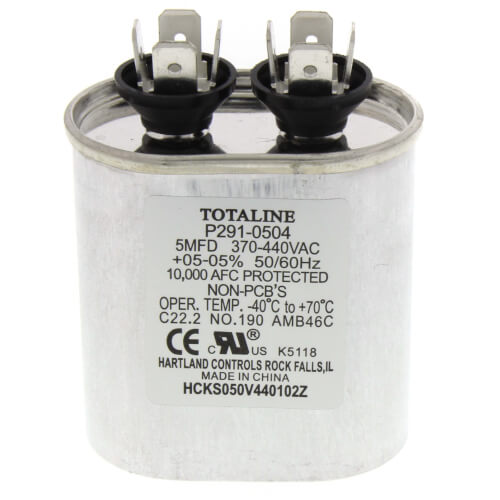 Carrier P291-0504 capacitor - front view (Voltage: 440v, 370V, 370/440v; MFD: 5)