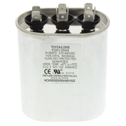 Carrier P291-0554 capacitor - front view (Voltage: 440v; Shape: Oval)