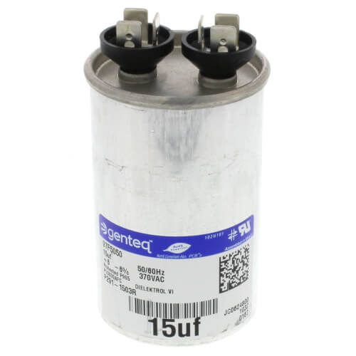 Carrier P291-1503R capacitor - front view (Voltage: 370v; MFD: 15)