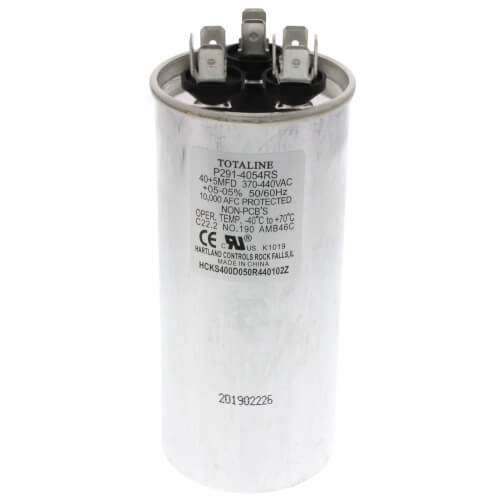 Carrier P291-4054RS capacitor - front view (Voltage: 440v; MFD: 40/5)