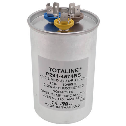 Carrier P291-4574RS capacitor - front view (Voltage: 370/440V; MFD: 45/7.5)