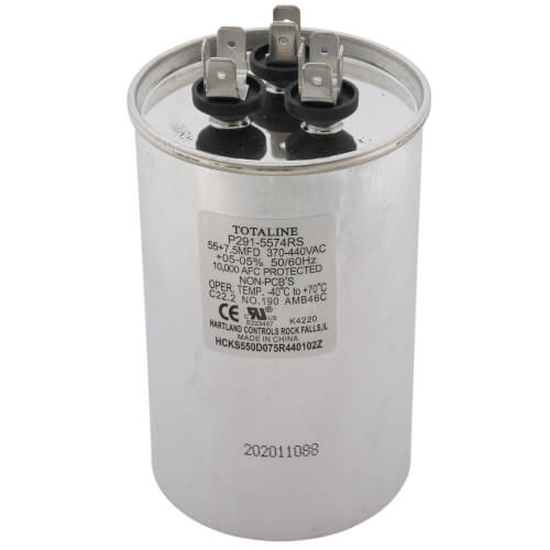 Carrier P291-5574RS capacitor - front view (Type: Dual; Voltage: 440v)