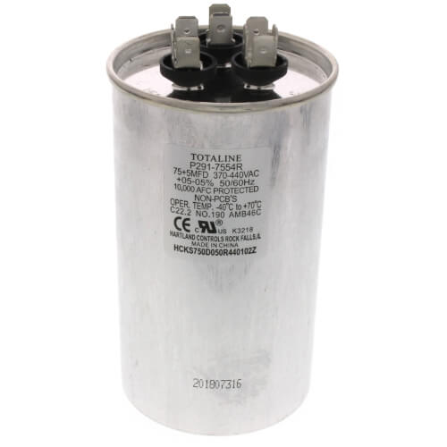 Carrier P291-7554R capacitor - front view (MFD: 75/5; Product Type: Capacitor)